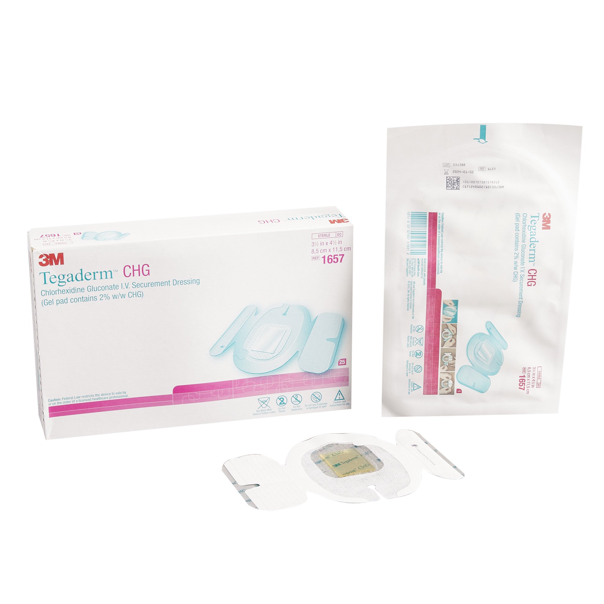 Dressing I.V. Dressing with CHG 3M™ Tegaderm™ CHG (Chlorhexidine Gluconate) / Film 3 1/2 X 4 1/2 Inch Sterile (25/BX 4BX/CS) by Solventum Corporation  ID 1657